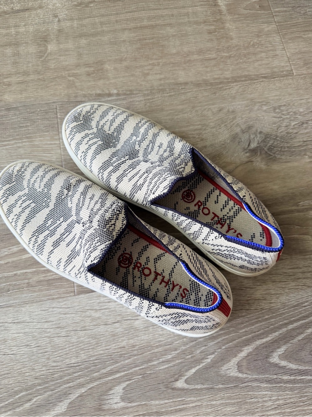 Rothy's Cream and Navy Patterned Slip-On Loafers